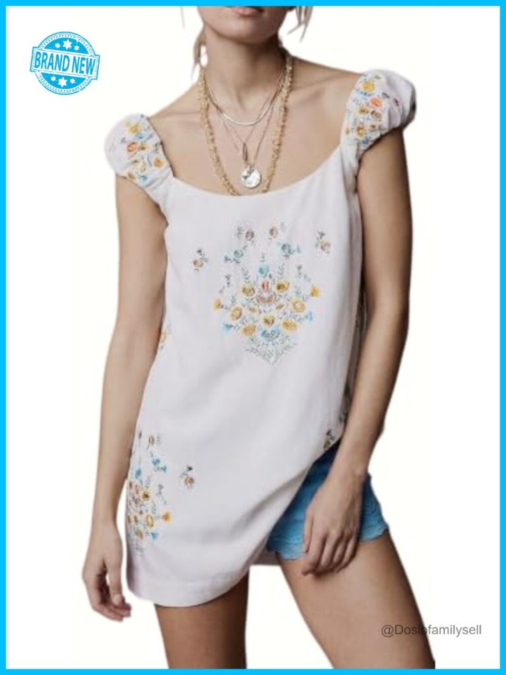 Embroidered Cotton Linen Dress Crew Neck Sleeveless Casual Summer Beach Vacation